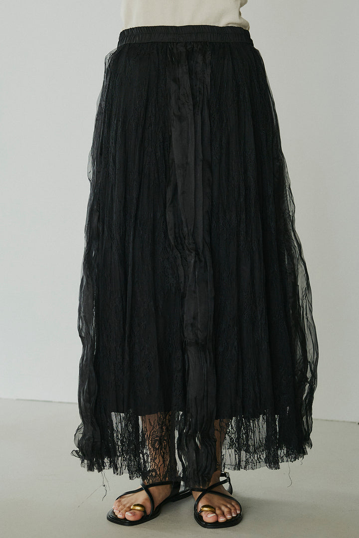 [SET]レースロゴ刺繍Tシャツ+レースコンビワッシャーギャザースカート(2set)