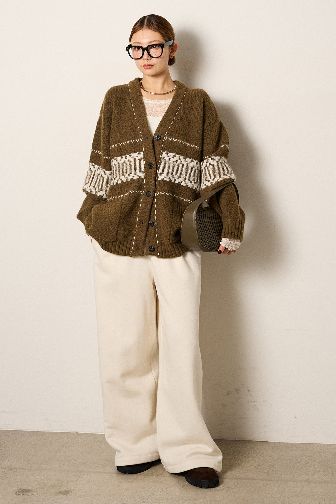 [SET]ライン柄ステッチニットカーディガン+2WAY袖コード刺繍クルーネックプルオーバー+裏起毛スウェットワイドパンツ(3set)