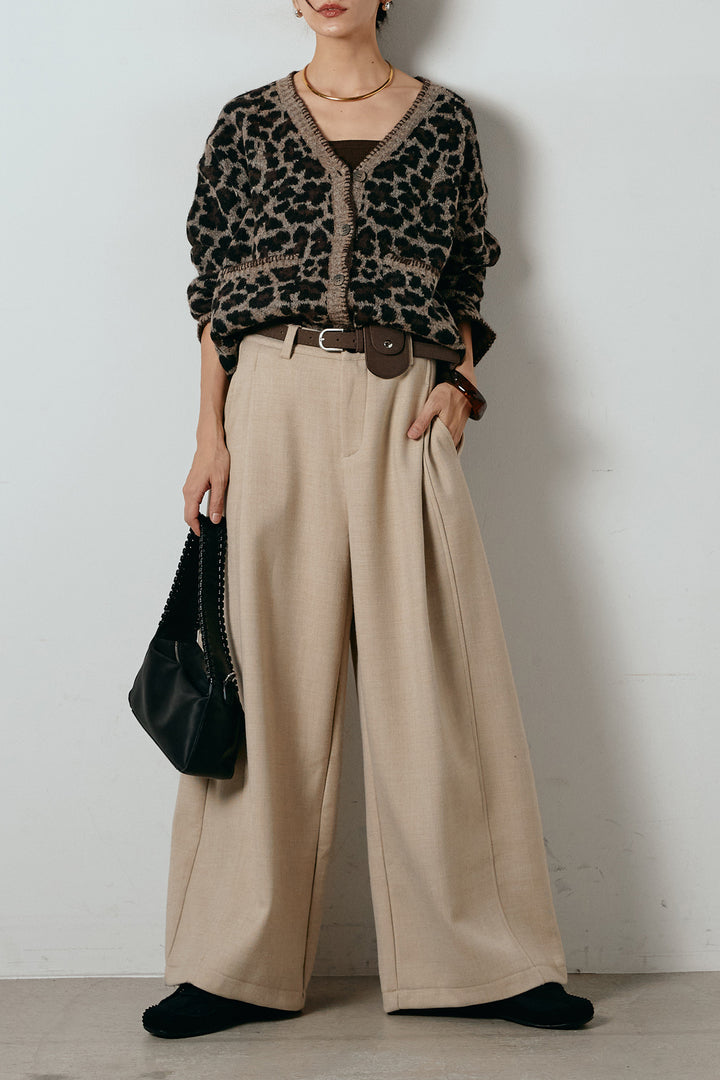 [SET]ステッチデザインレオパードニットカーディガン+ポーチベルト付きカーブパンツ(2set)