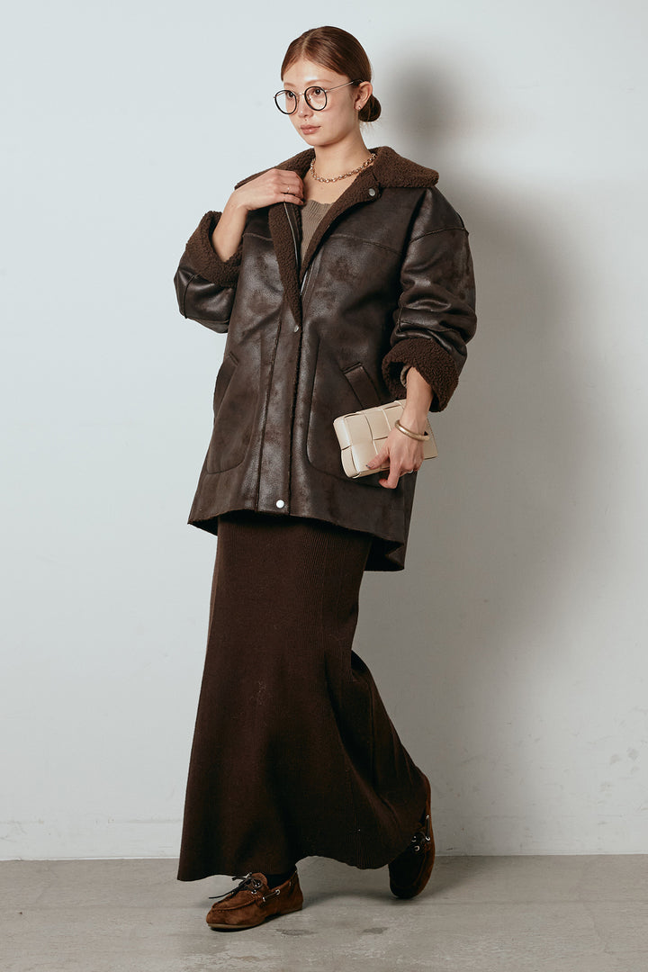 [SET]リバーシブルエコムートンコート+リブナローニットスカート(2set)