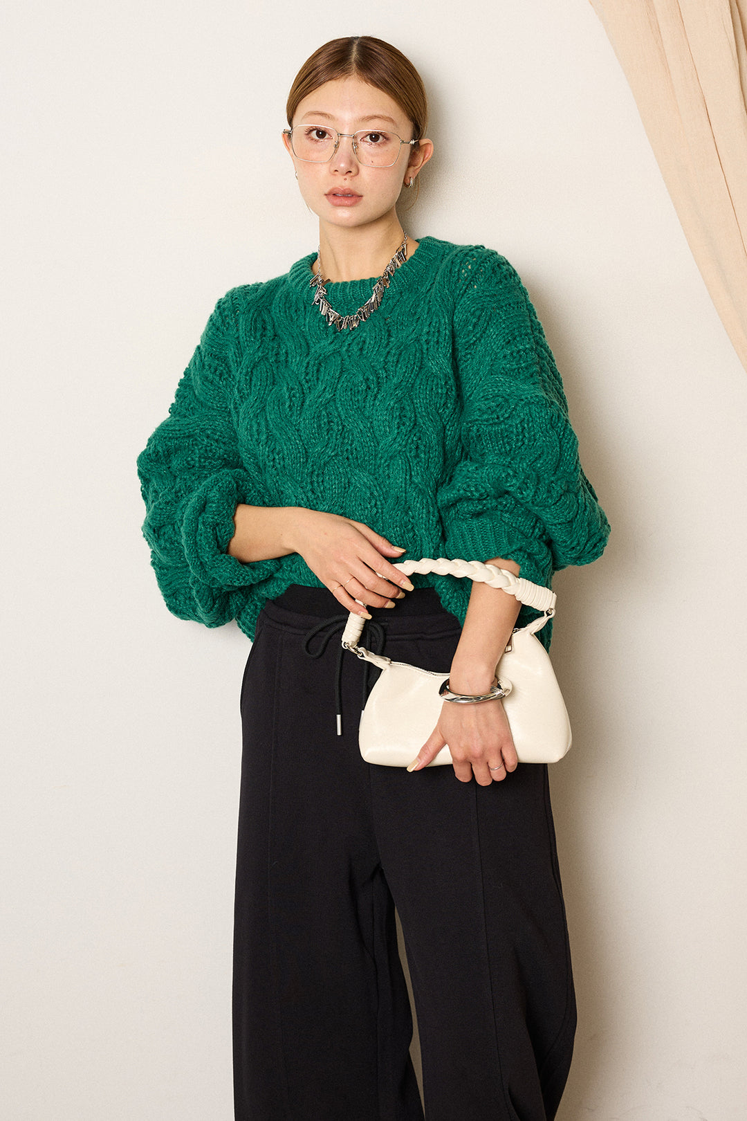 [SET]ケーブルリラックスショートニット+スウェットワイドカーブパンツ(2set)