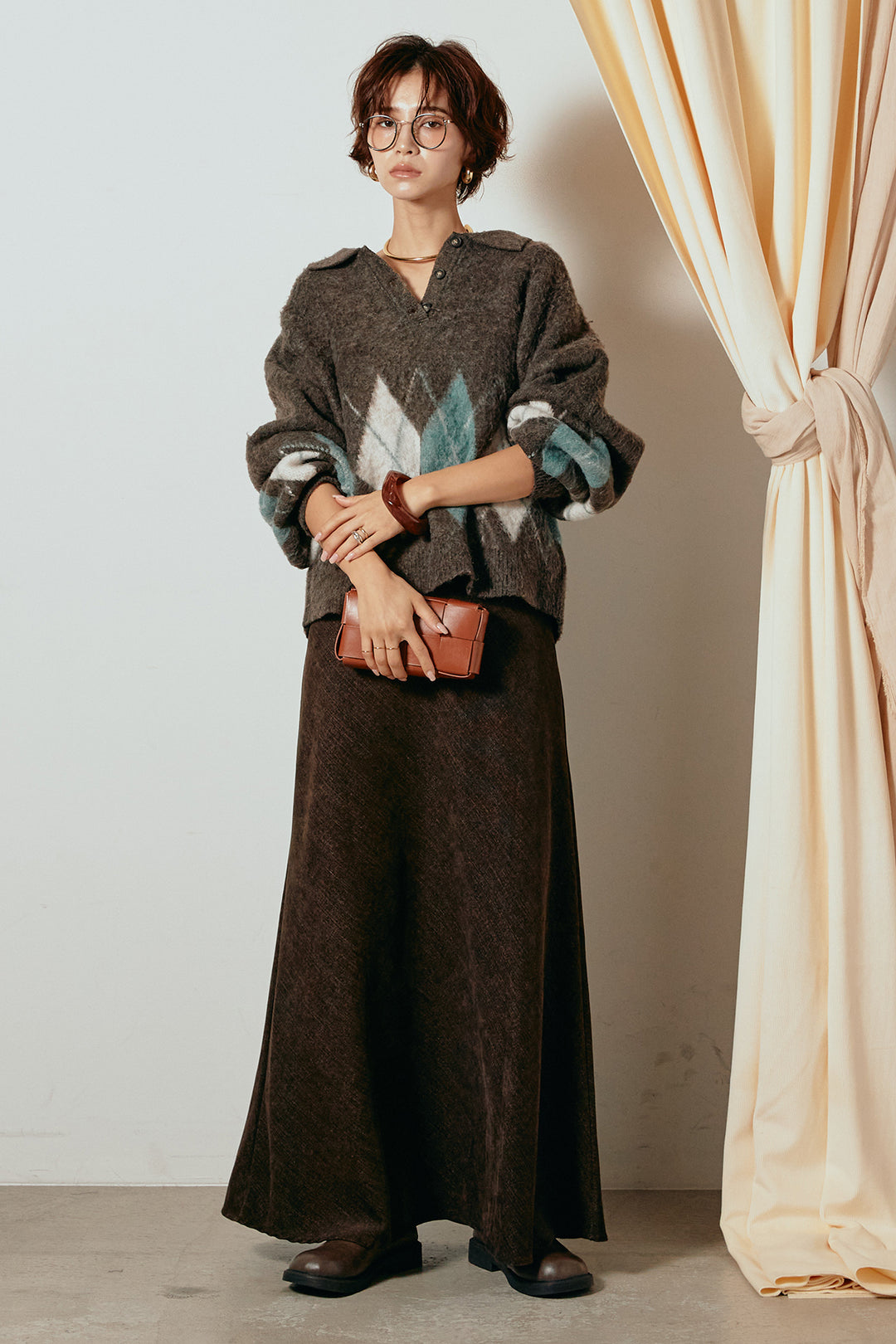 [SET]アーガイル柄ポロニットトップス+スウェードライクロングスカート(2set)