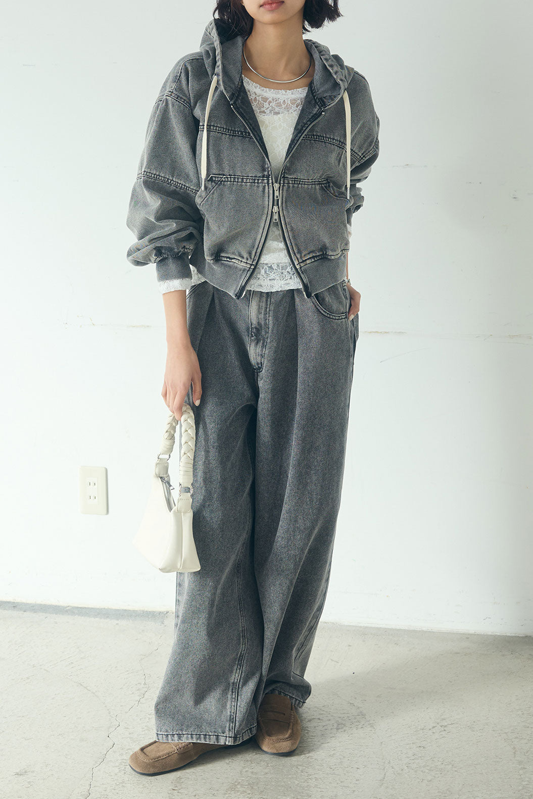 【着回しセット】[SET]デニムダブルジップパーカーブルゾン+デニムタックカーブパンツ+デニムダブルジップパーカーブルゾン(3set)