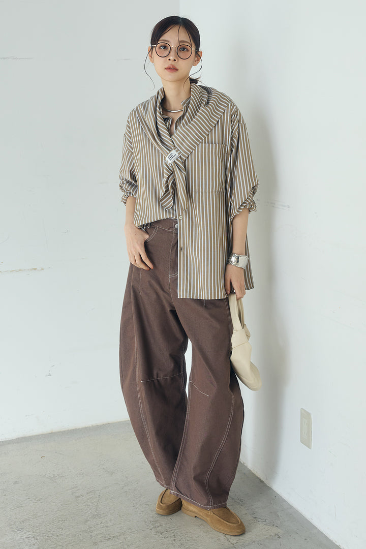 [SET]レーヨンストライプスカーフ+レーヨンストライプバンドカラー長袖シャツ(2set)