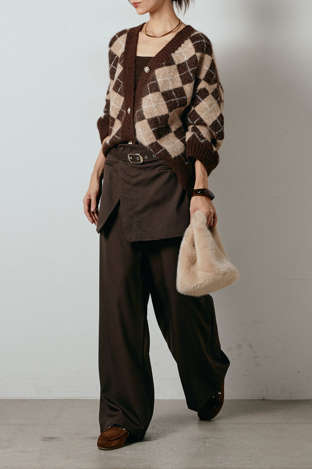 [SET]オーバーサイズ総柄Vネックニットカーディガン+ベルト付きウエストデザインパンツ(2set)