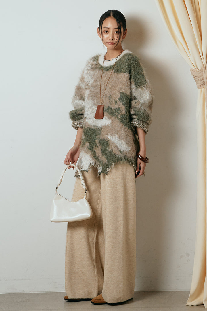 [SET]起毛裾デザインニュアンス柄ニットトップス+センターラインニットパンツ(2set)