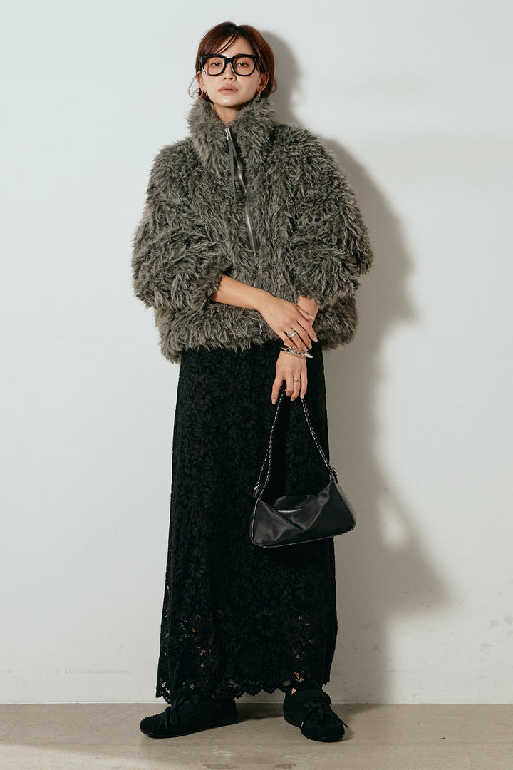 [SET]ミックスシープファースタンドブルゾン+花柄刺繍ベロアフレアスカート(2set)