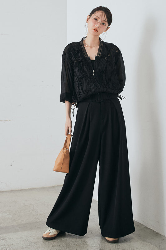 [SET]モチーフ付きシアーブルゾン+ベルト付きツータックワイドパンツ+ベルト付きツータックワイドパンツ(3set)