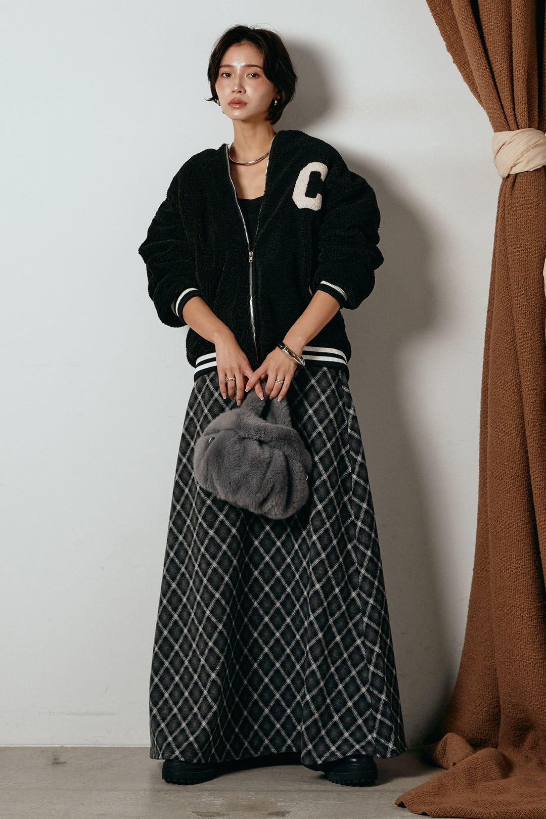 [SET]ロゴスタジャンボアブルゾン+フロッキー起毛チェックスカート(2set)