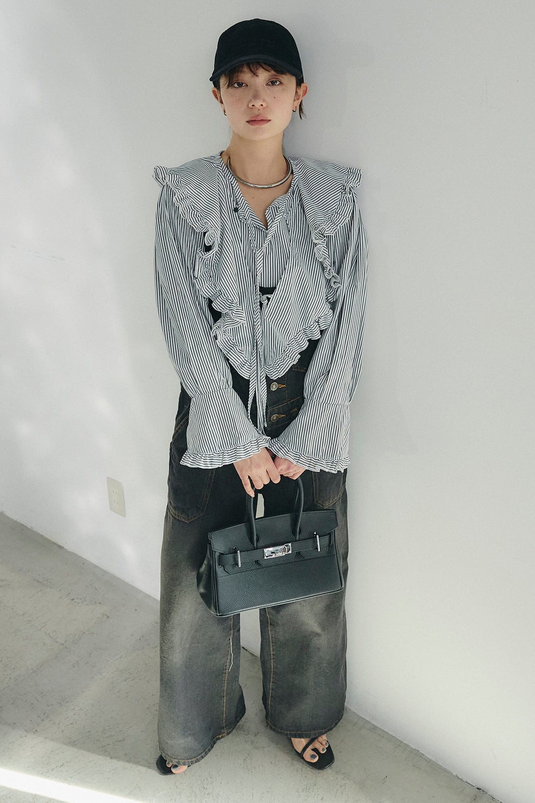 [SET]コットンフリルブラウス+デニムサロペットワイドパンツ(2set)