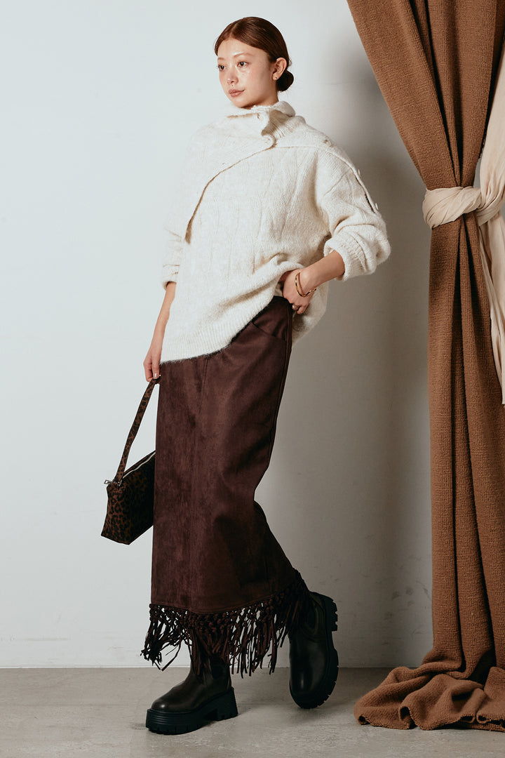 [SET]ケープデザインケーブルニットトップス+スウェードライク裾フリンジスカート(2set)