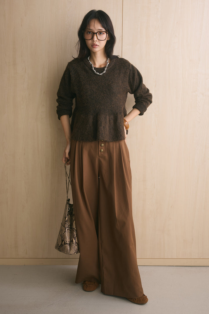 [SET]モヘアぺプラムクルーネックプルオーバー+ファイブボタンツータックワイドパンツ(2set)