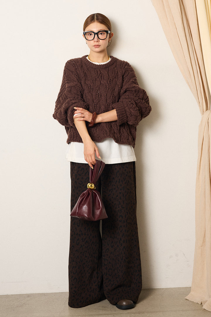 [SET]ケーブルリラックスショートニット+箔プリントBIGシルエットロングスリーブTシャツ+レオパードジャガードニットパンツ(3set)