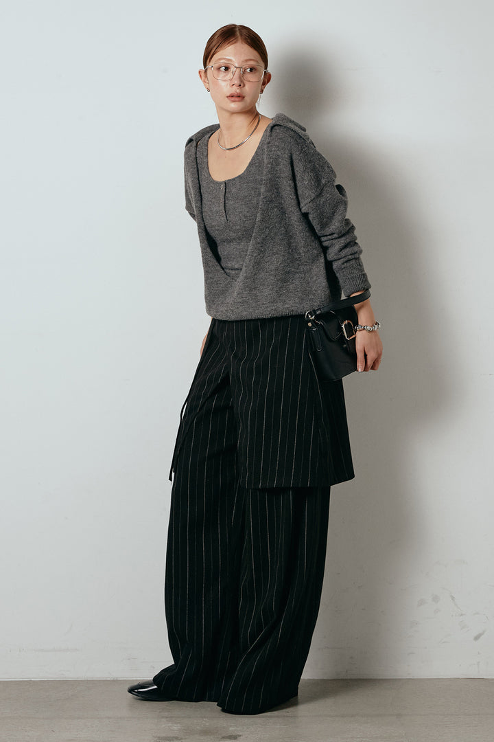 [SET]襟付きレイヤードニットトップス+細ストライプレイヤードデザインパンツ(2set)