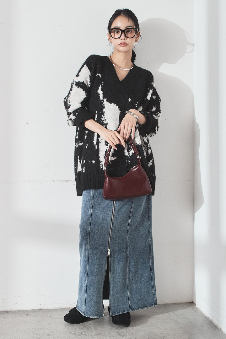 [SET]アブストラクト柄ニットプルオーバー+フロントジップデニムスカート(2set)