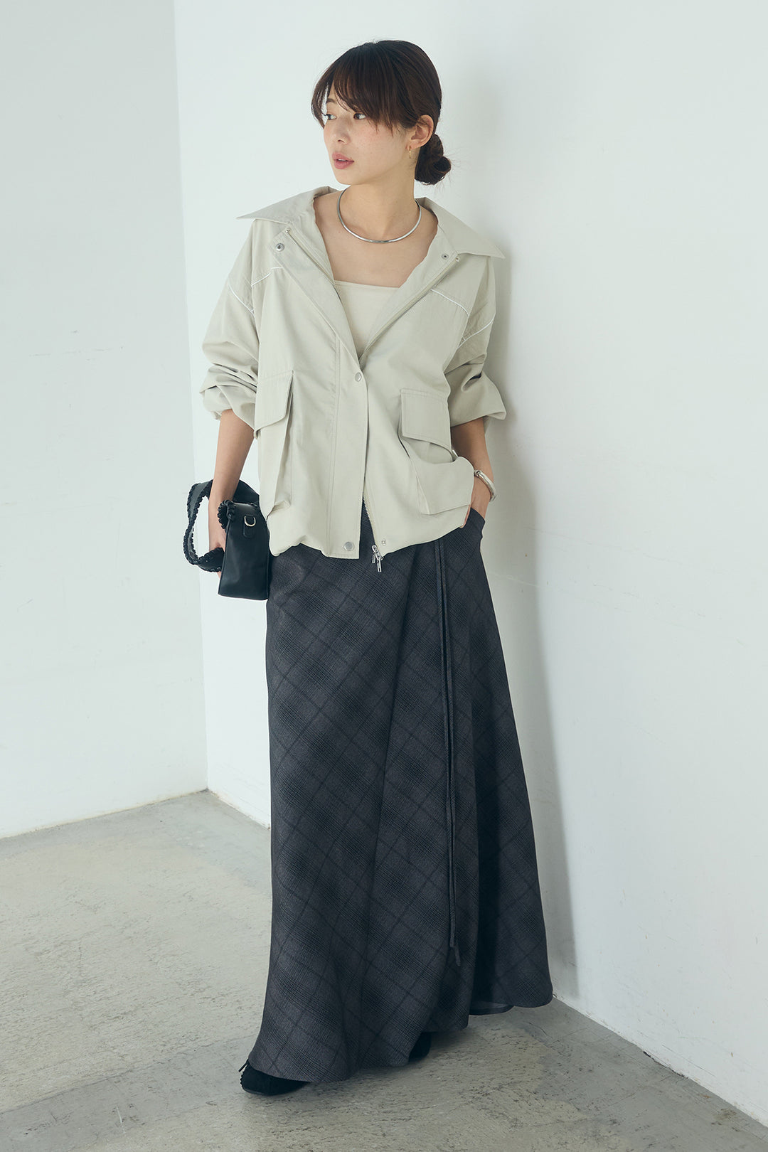 [SET]合繊ツイルバルーンジャケット+タータンチェック柄フロントデザインスカート(2set)