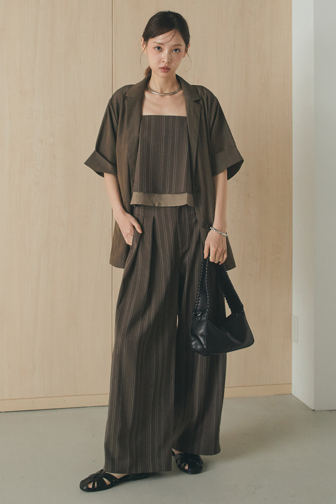 [SET]リネンストライプレイヤードキャミ+リネンストライプタックワイドパンツ(2set)
