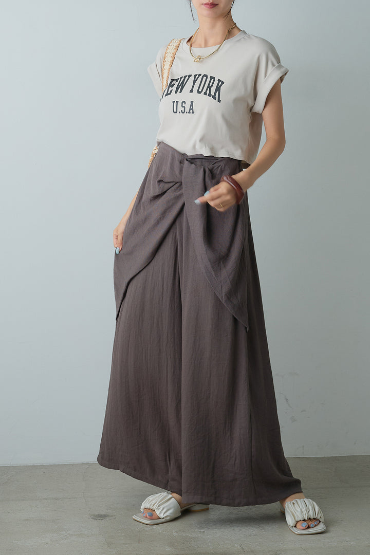 [SET]ショート丈NEWYORKロゴTシャツ+ねじりデザインワイドパンツ(2set)