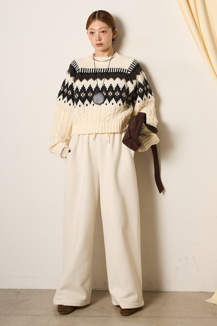 [SET]2WAY求心柄ジャガードショートカーディガン+裏起毛スウェットワイドパンツ(2set)