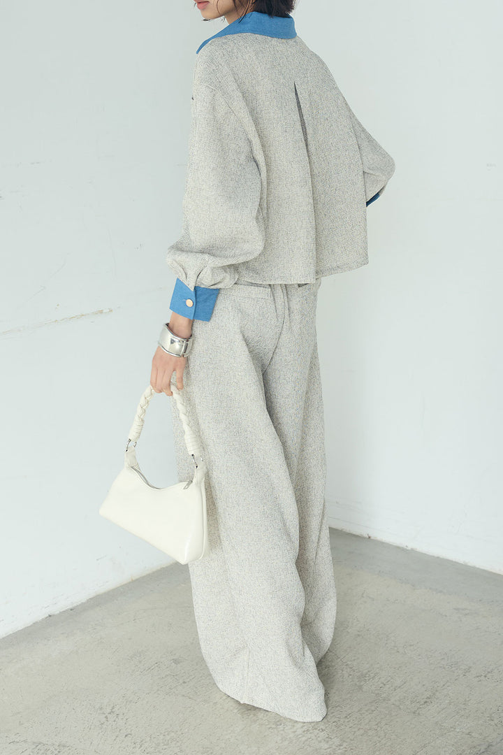 [SET]ツイード×デニムショート丈シャツ+ツイード×デニムハイウエストラインロングパンツ(2set)