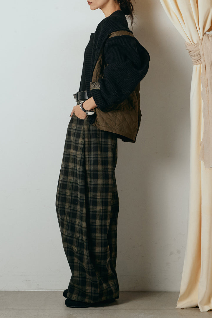 [SET]キルティング切り替えニットカーディガン+ベルト付きタータンチェックカーブワイドパンツ(2set)