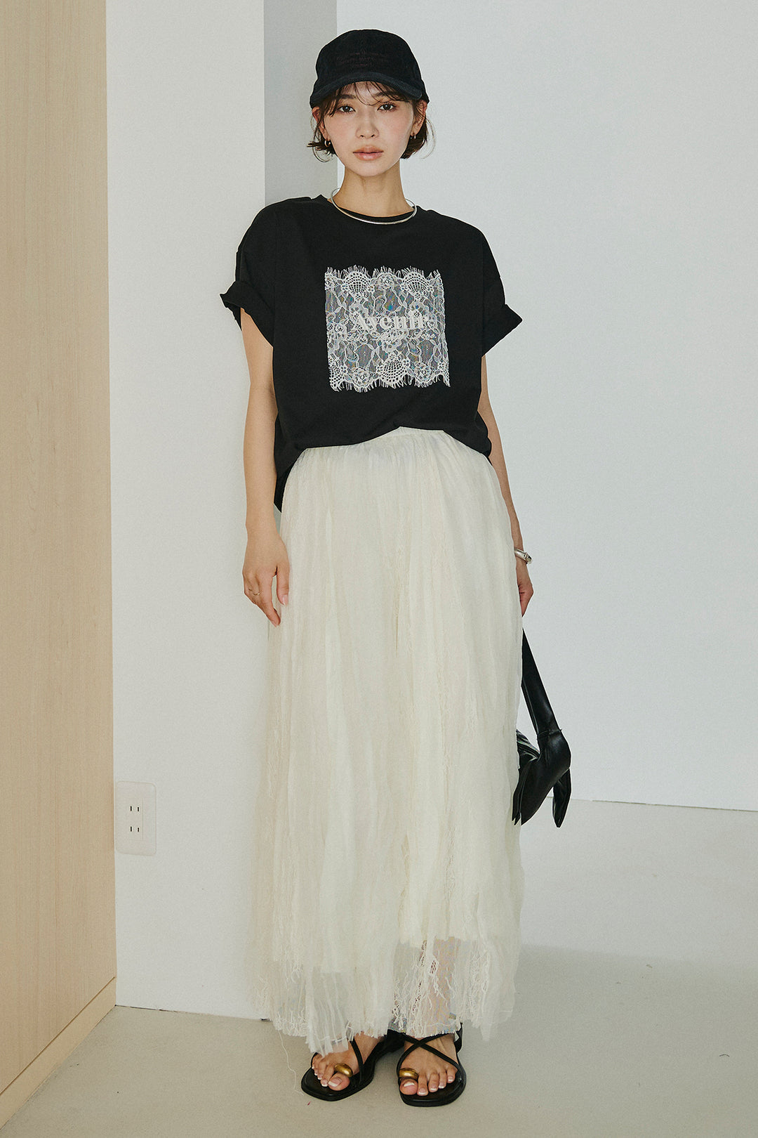 [SET]レースロゴ刺繍Tシャツ+レースコンビワッシャーギャザースカート(2set)