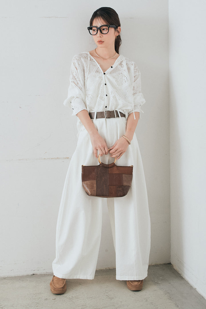 [SET]ブロックレースフード付きブラウス+ベルト付きサイドタックワイドパンツ(2set)