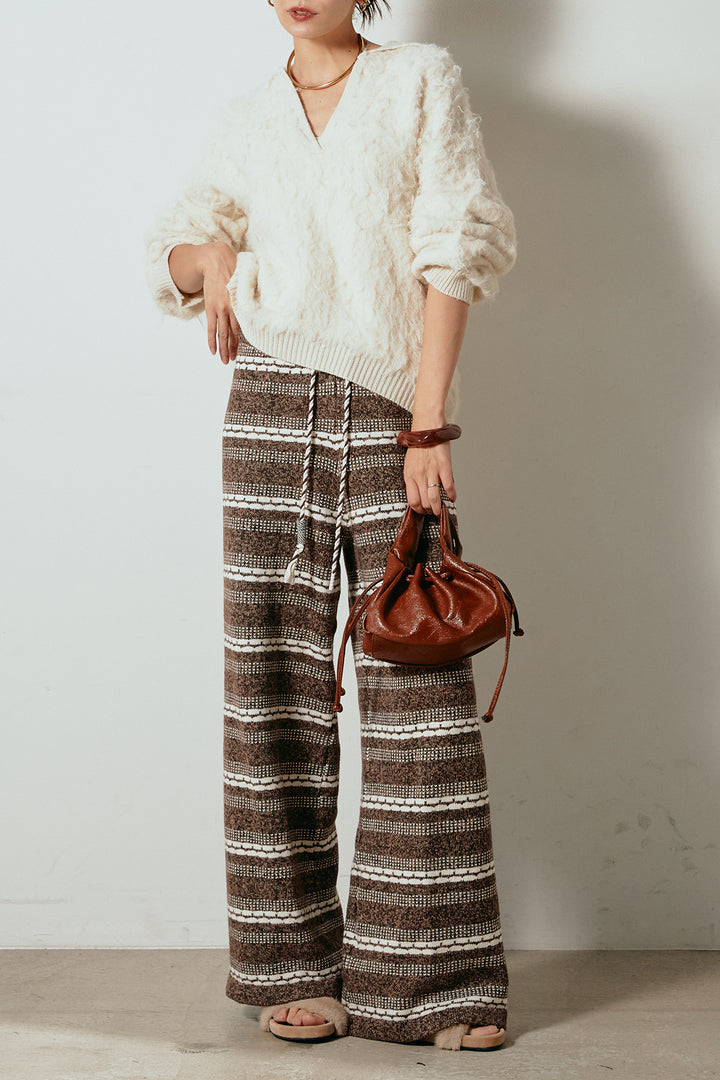 [SET]襟付きシャギーニットポロトップス+マルチライン柄リラックスニットパンツ(2set)