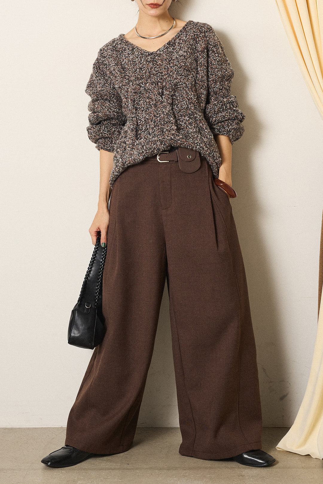 [SET]Vネックミックス編みニットトップス+ポーチベルト付きカーブパンツ(2set)
