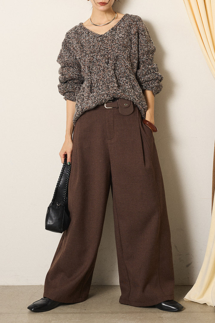 [SET]Vネックミックス編みニットトップス+ポーチベルト付きカーブパンツ(2set)