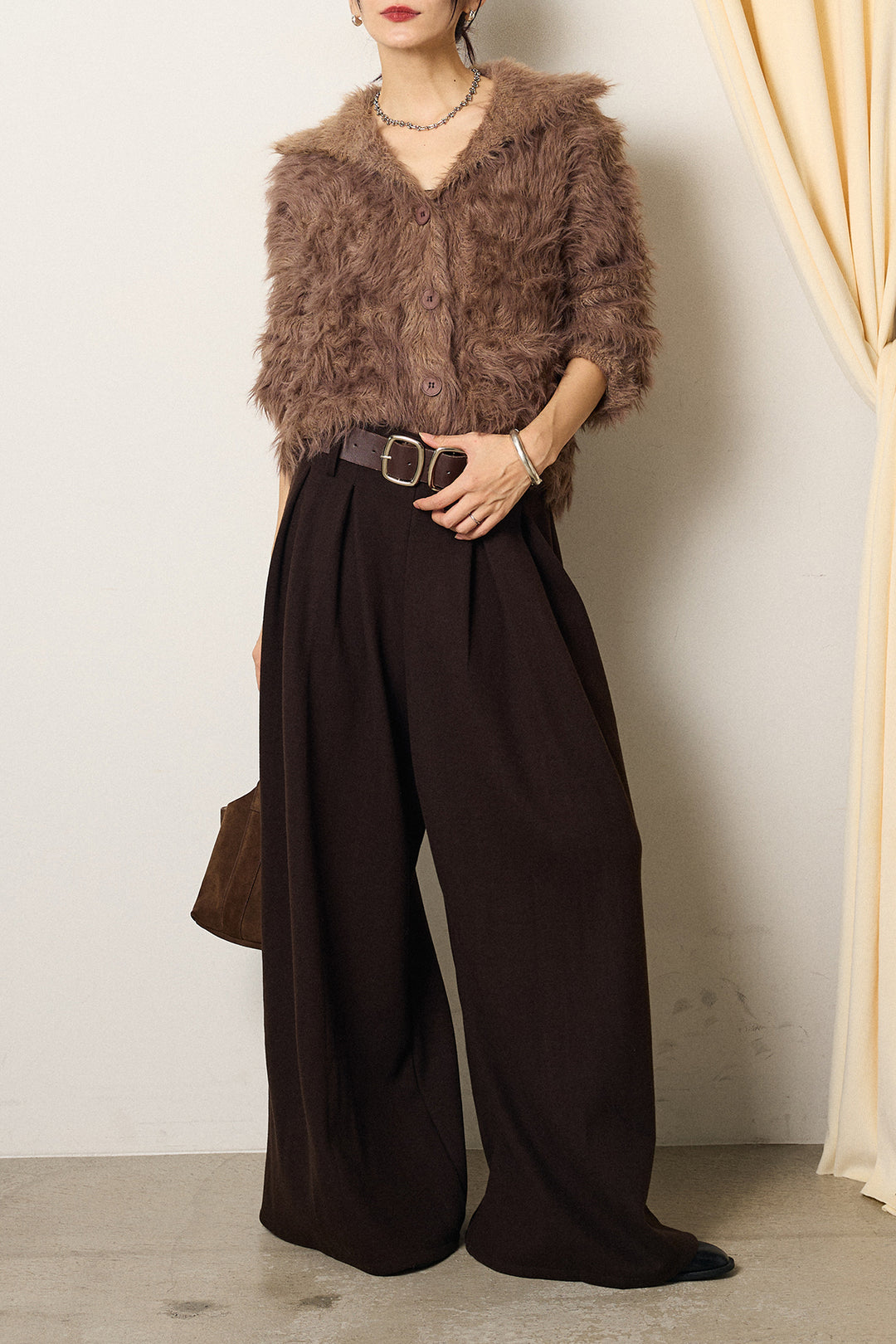 [SET]襟付きシャギーニットカーディガン+フェイクレザー太ベルト付きタックワイドパンツ(2set)