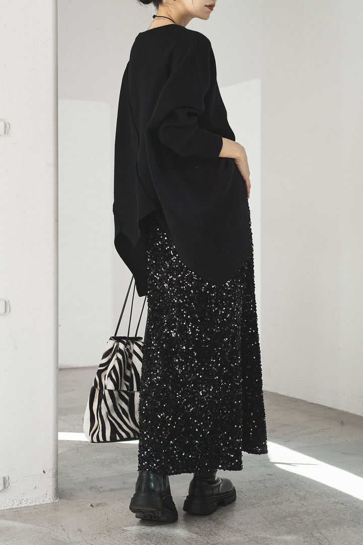 [SET]アシンメトリーデザインニットトップス+スパンコールニットワイドスカート(2set)