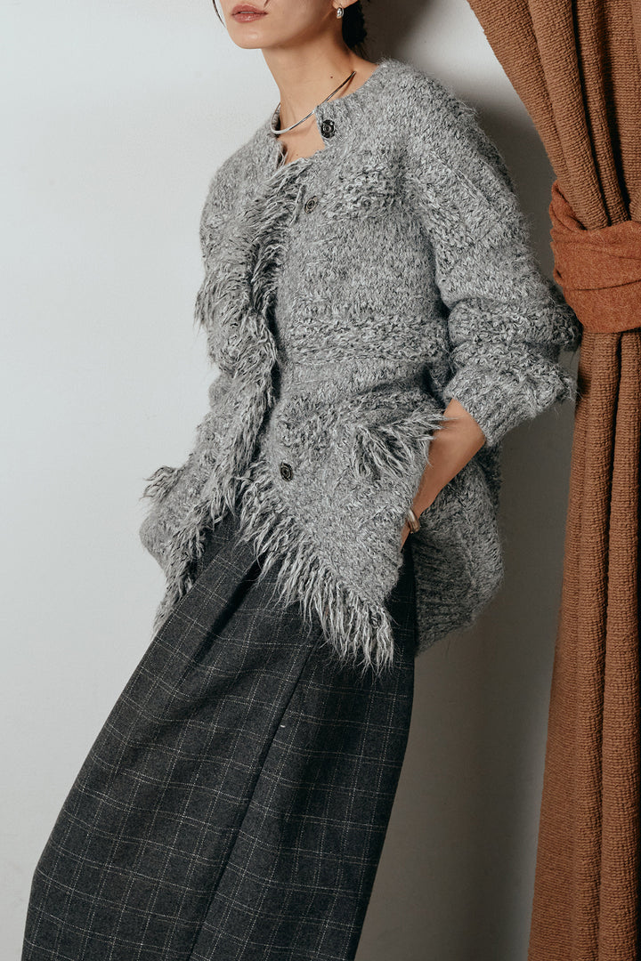 [SET]フリンジニットカーディガン+ウールライクチェックタックパンツ(2set)