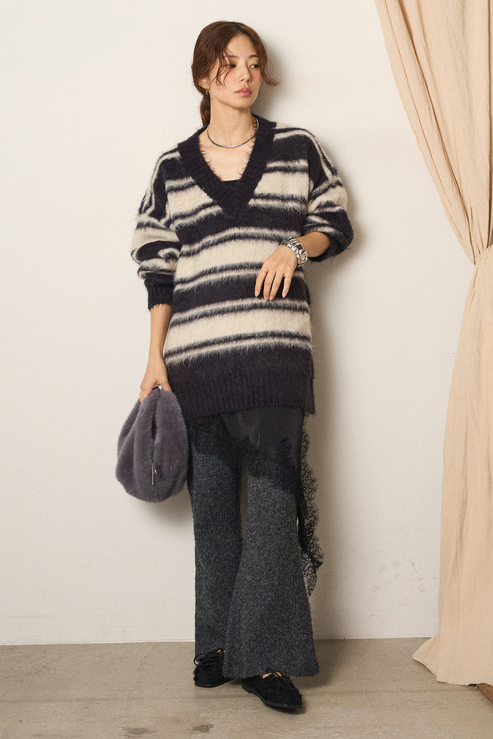 [SET]ルーズVネックボーダーニットトップス+レースドッキングサテンキャミソール+杢ニットリブフレアパンツ(3set)