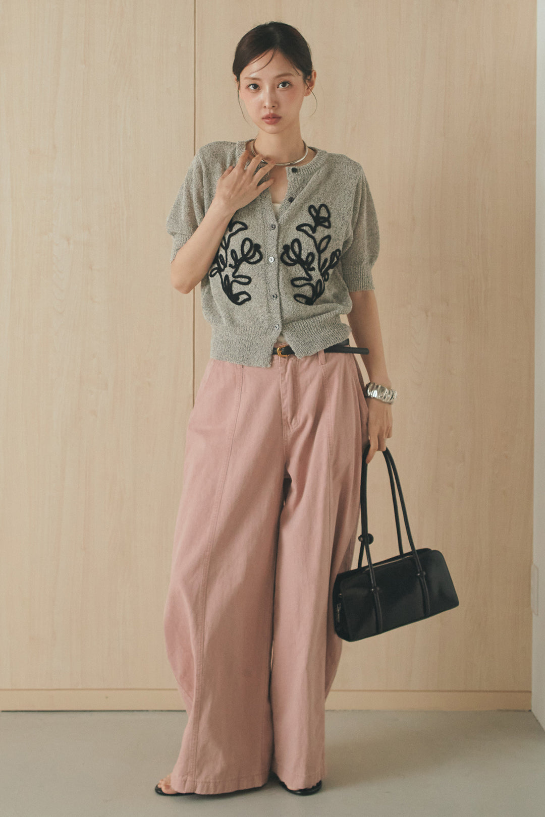 [SET]フロントテープデザイン半袖カーディガン+サイドベルトカーブワイドパンツ(2set)