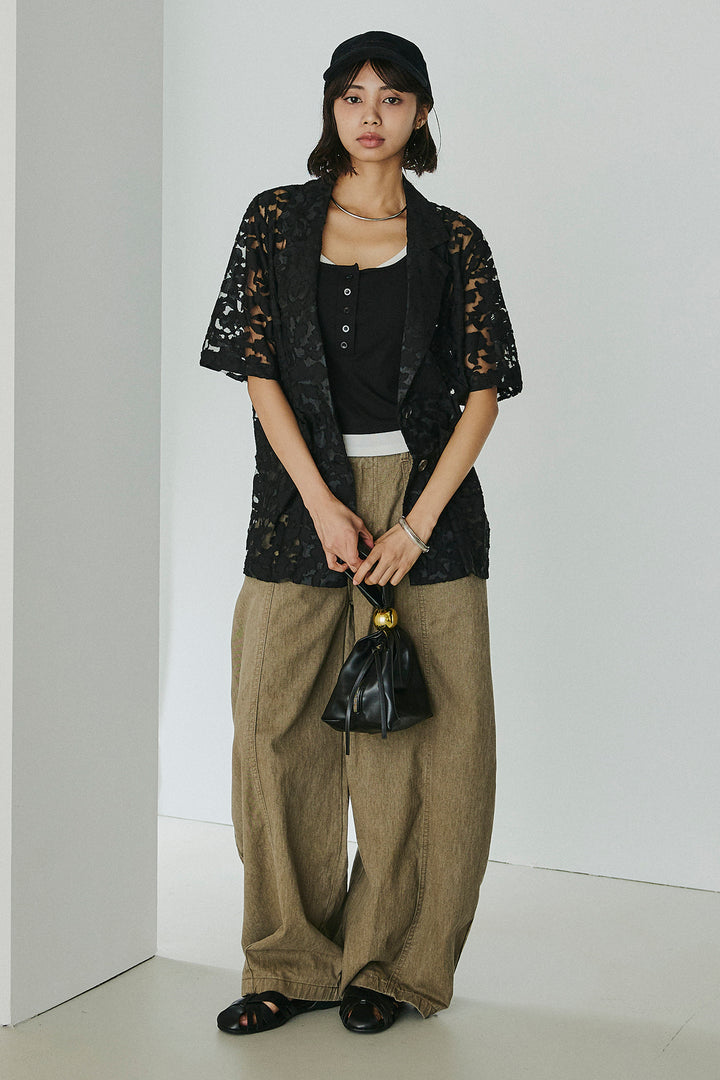 [SET]シアージャガードハーフスリーブテーラードジャケット+サイドベルトカーブワイドパンツ+配色ヘンリーネックタンクトップ(3set)