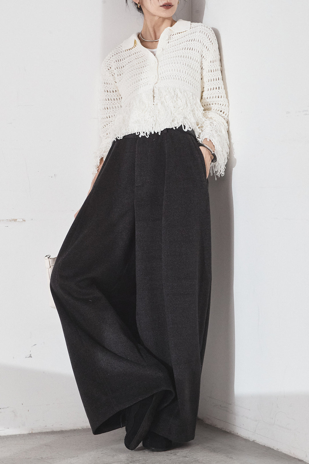 [SET]メッシュフリンジカーディガン+ウールタッチカーブワイドパンツ(2set)