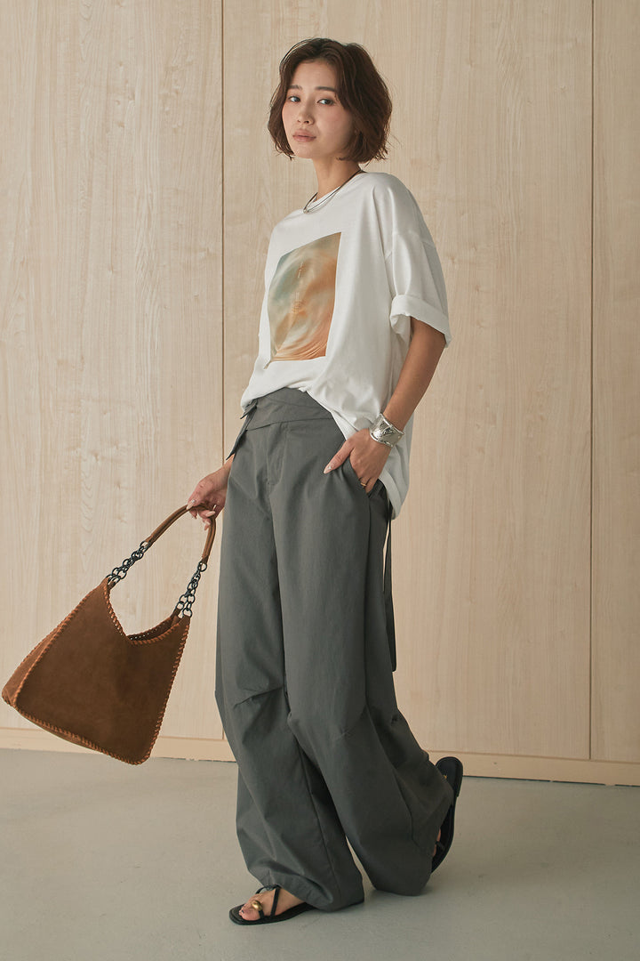 [SET]MarbleプリントTシャツ+ポケットベルト付きニーサイドタックパンツ(2set)