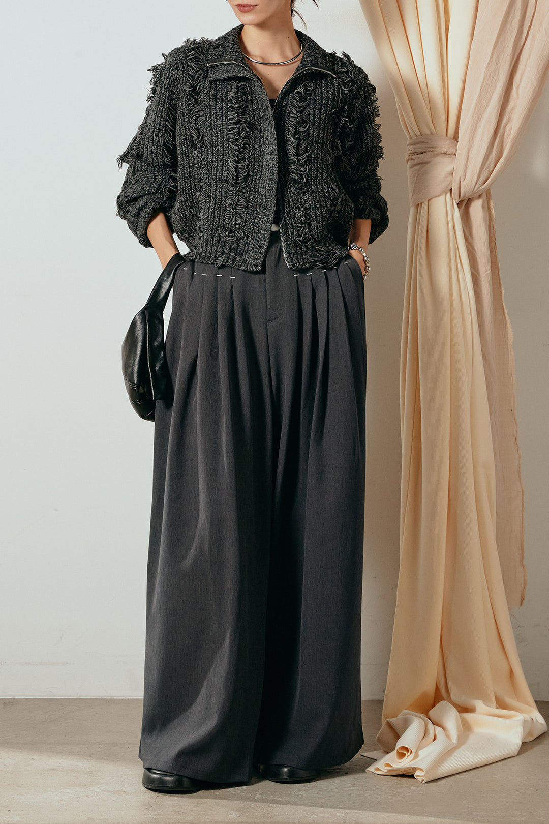 [SET]ハイネックフリンジジップニットトップス+ウエストステッチデザインワイドスラックス(2set)