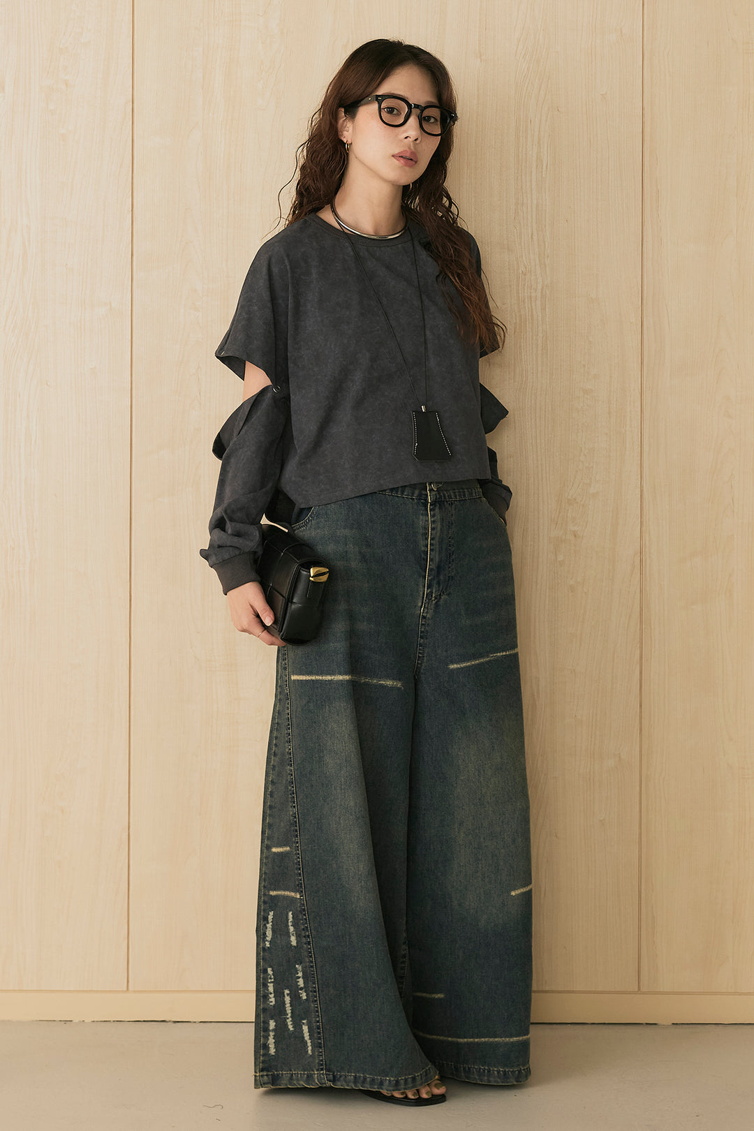 [SET]セパレートフェードTシャツ+ランダムダメージデニムワイドパンツ(2set)