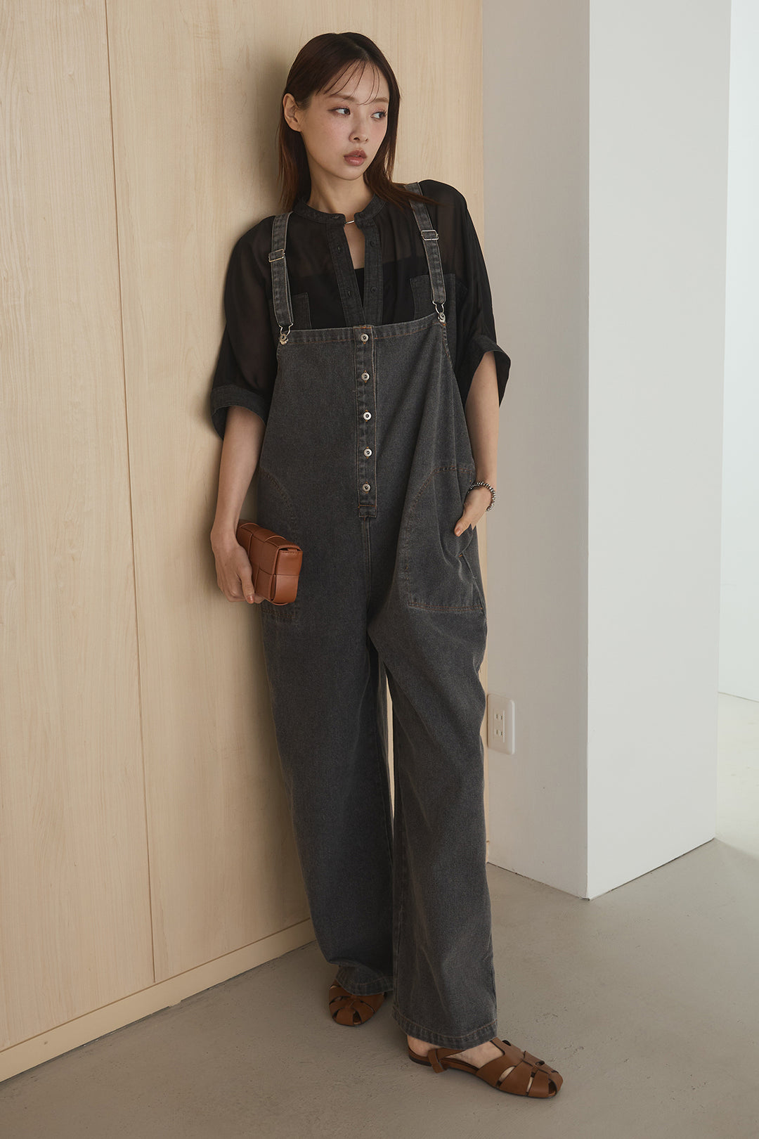 [SET]デニムライクビッグツーポケシアーシャツ+フロントボタンデニムサロペット(2set)