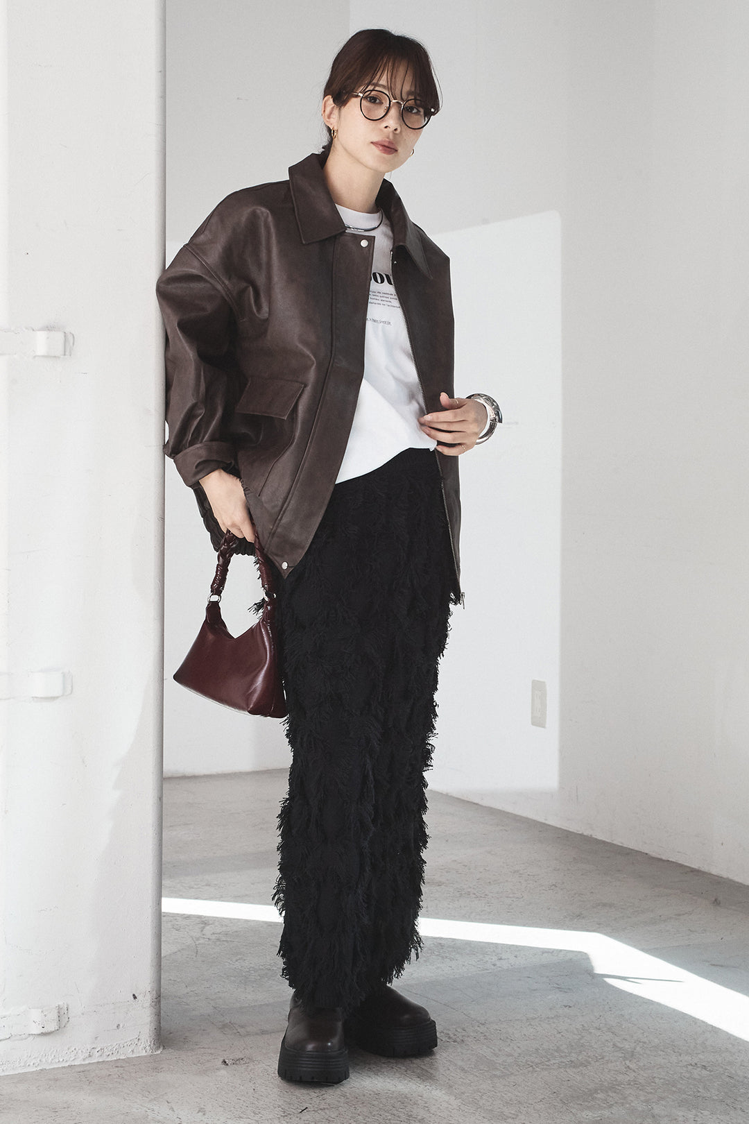 [SET]レザーライクオーバーサイズブルゾン+カットフリンジニットタイトスカート(2set)