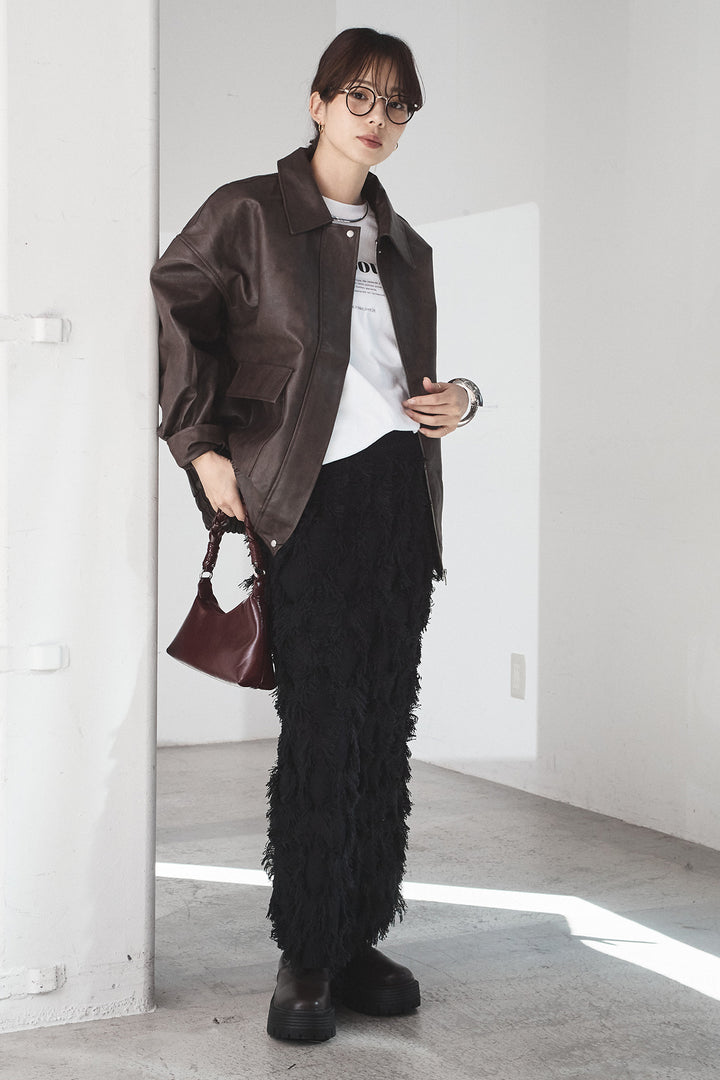 [SET]レザーライクオーバーサイズブルゾン+カットフリンジニットタイトスカート(2set)