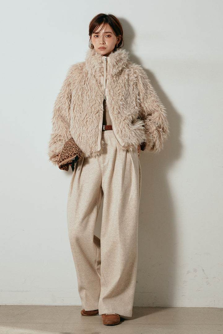 [SET]ミックスシープファースタンドブルゾン+フェイクウールタックトラウザーズパンツ(2set)