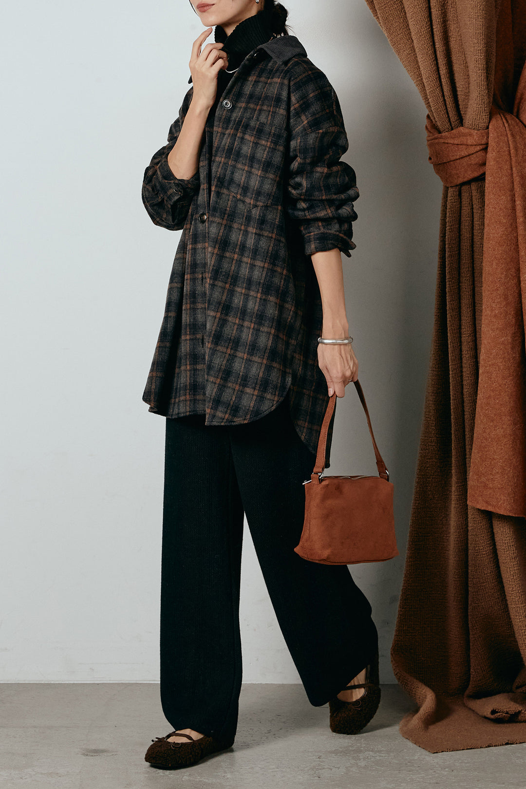 [SET]シャギーチェックシャツジャケット+ワイドリブニットイージーパンツ+リブニットシームレスタートルプルオーバー(3set)