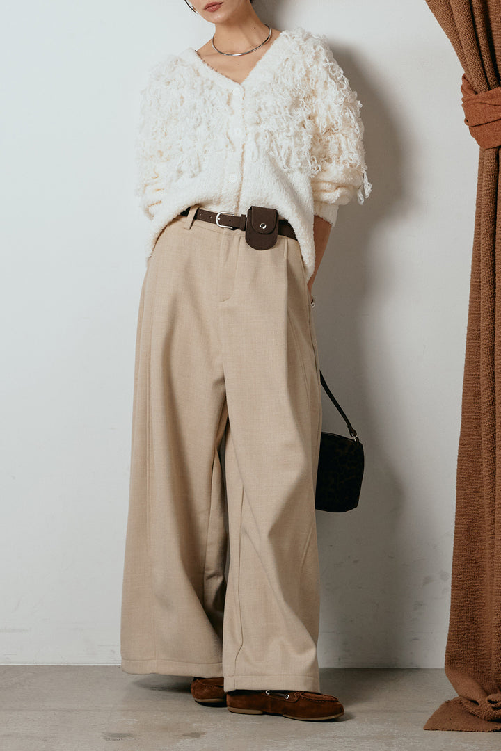 [SET]ループ編みVネックニットカーディガン+ポーチベルト付きカーブパンツ(2set)