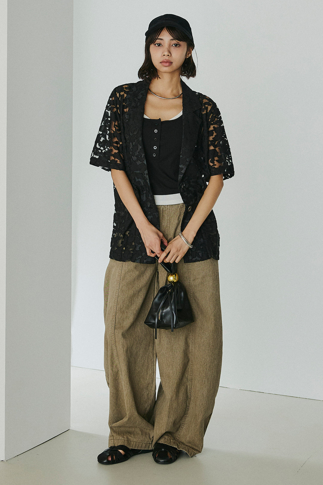 [SET]シアージャガードハーフスリーブテーラードジャケット+配色ヘンリーネックタンクトップ(2set)