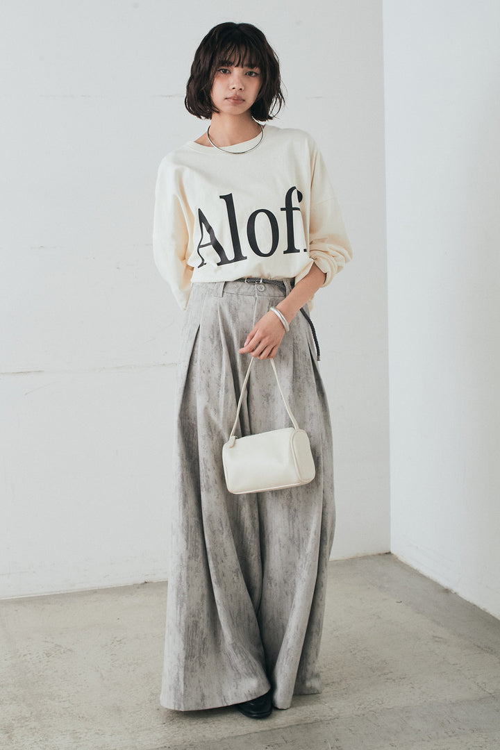 [SET]裾センタードロストロゴプリントワイドTシャツ+紐ベルト付きかすれ柄ワイドスラックス(2set)
