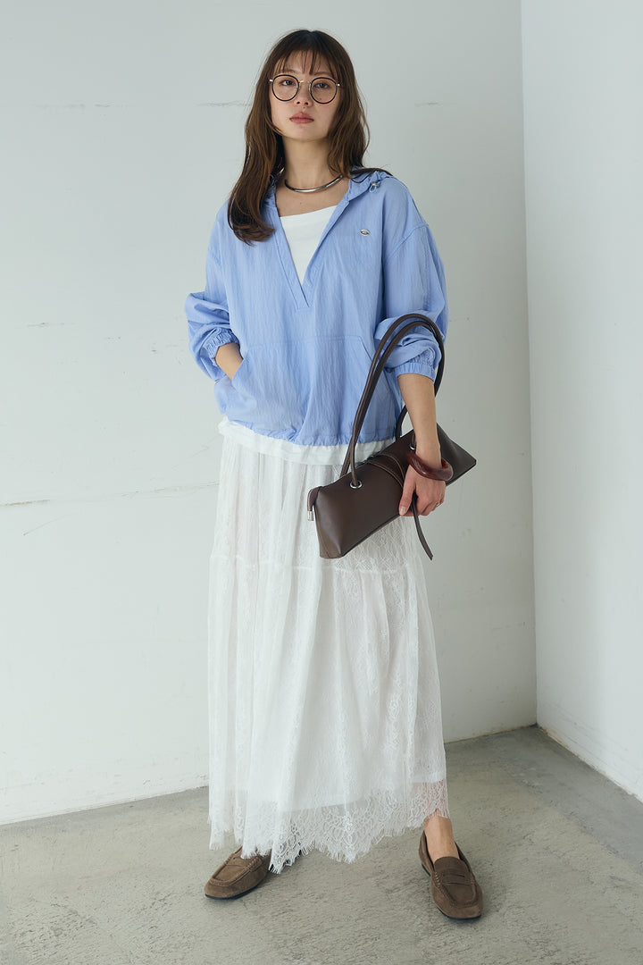 [SET]レイヤードデザインフーディートップス+ひげレース切替ロング丈スカート(2set)