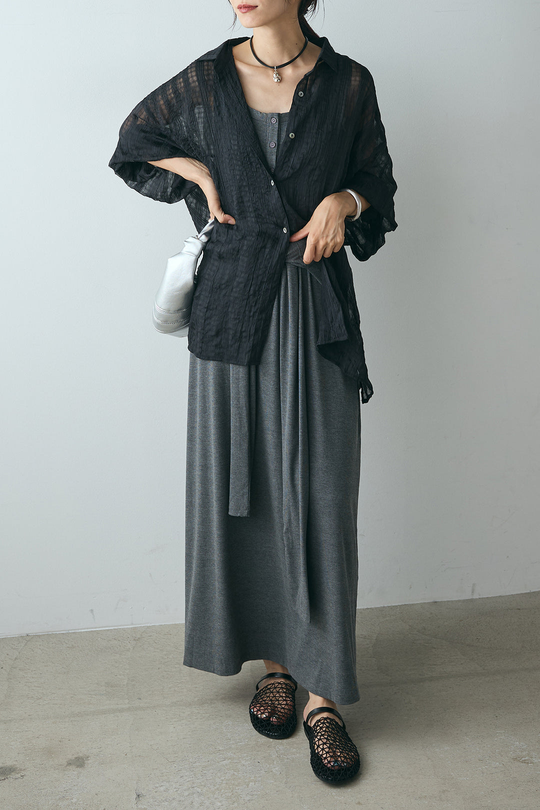 [SET]シアーマルチチェック柄シャツ+ウエスト巻きリブロングワンピース(2set)